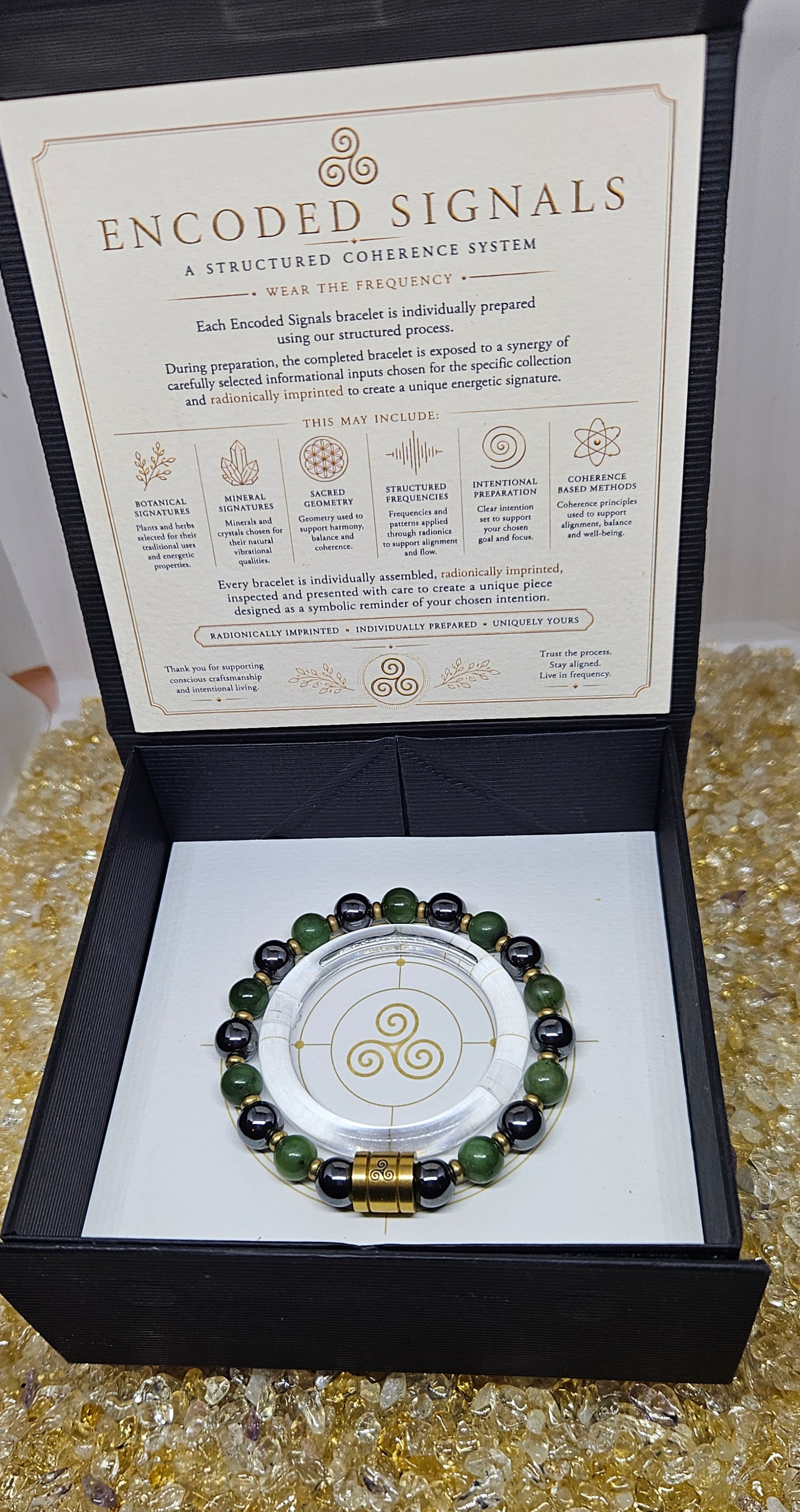 Encoded Signals crystal bracelet in luxury presentation box